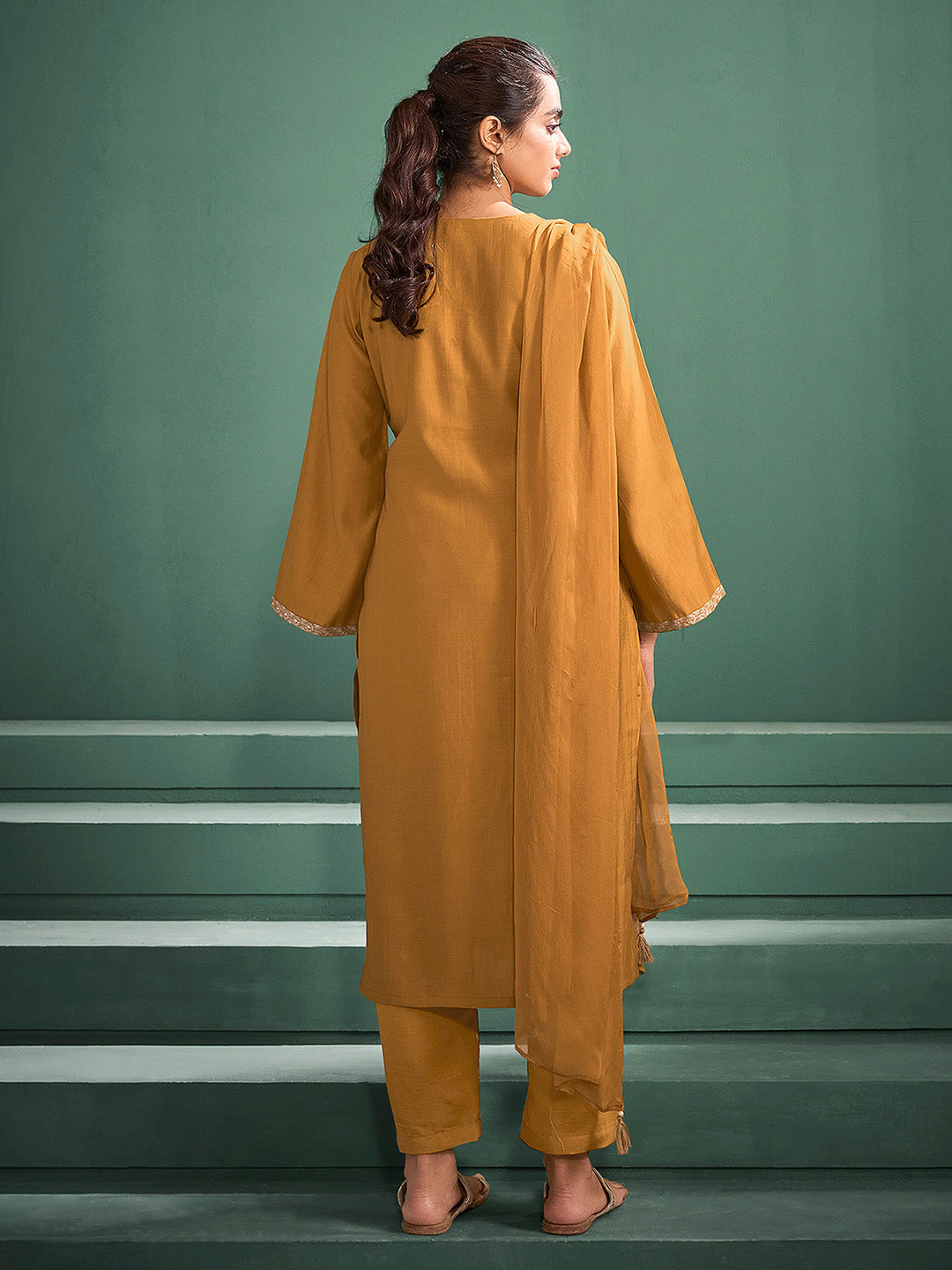 Mustard Silk Blend Embroidered A-Line Kurta Set