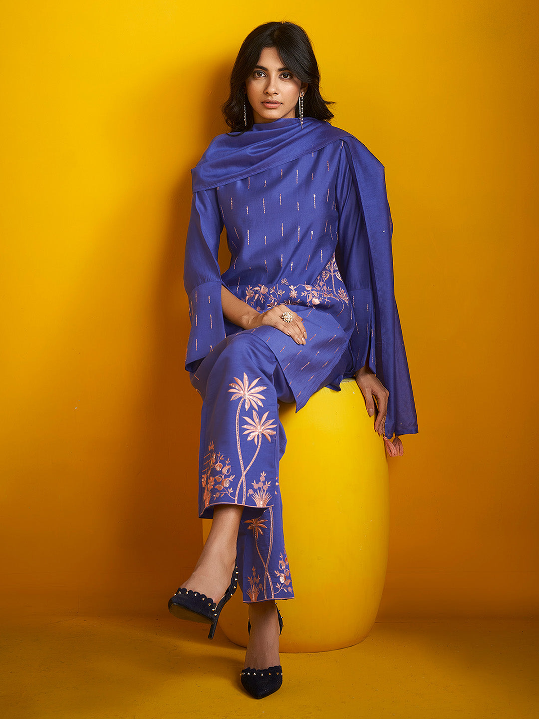 Blue Silk Blend Embroidered Straight Kurta Set