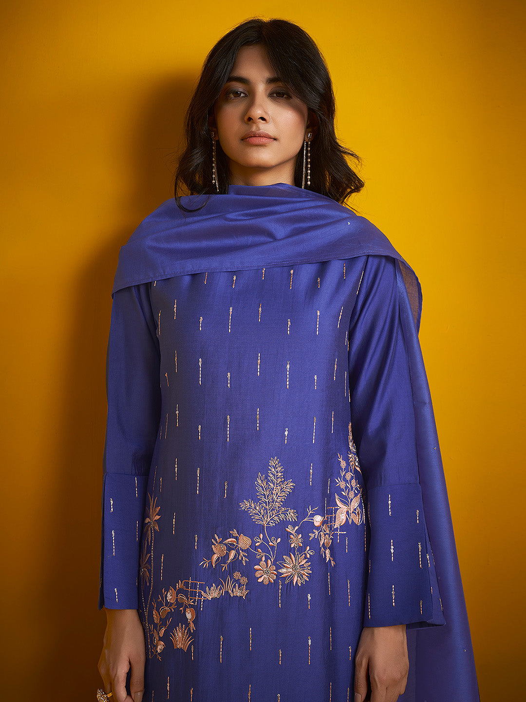 Blue Silk Blend Embroidered Straight Kurta Set