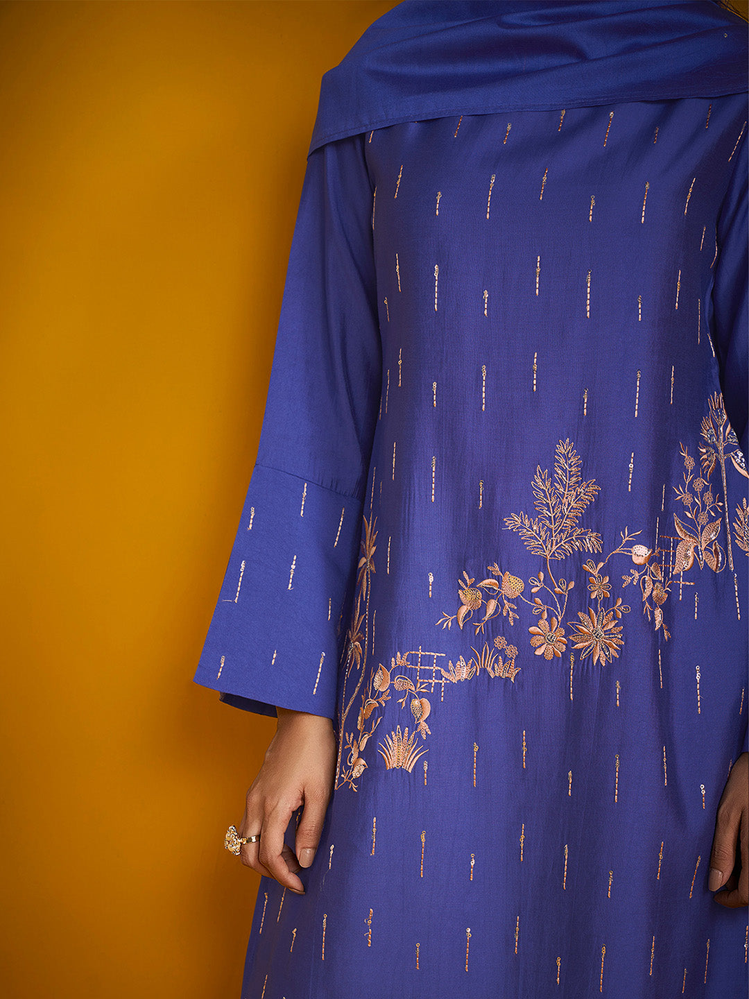 Blue Silk Blend Embroidered Straight Kurta Set