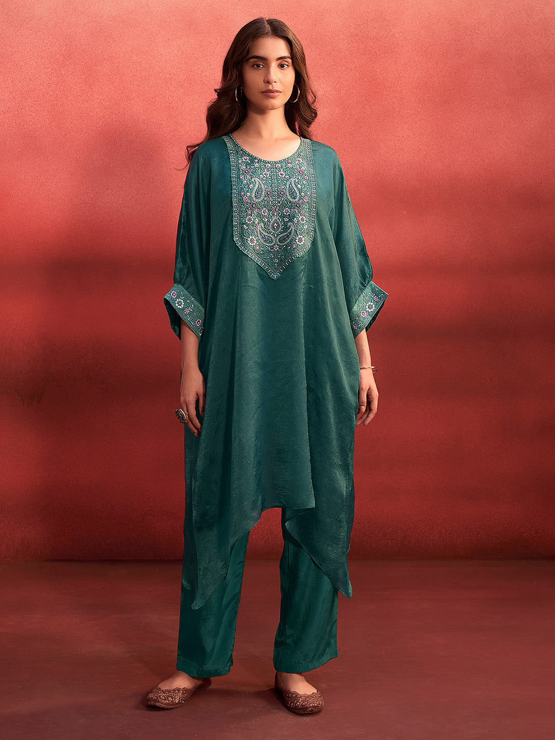 Teal Green Organza Embroidered Kaftan Kurta Set