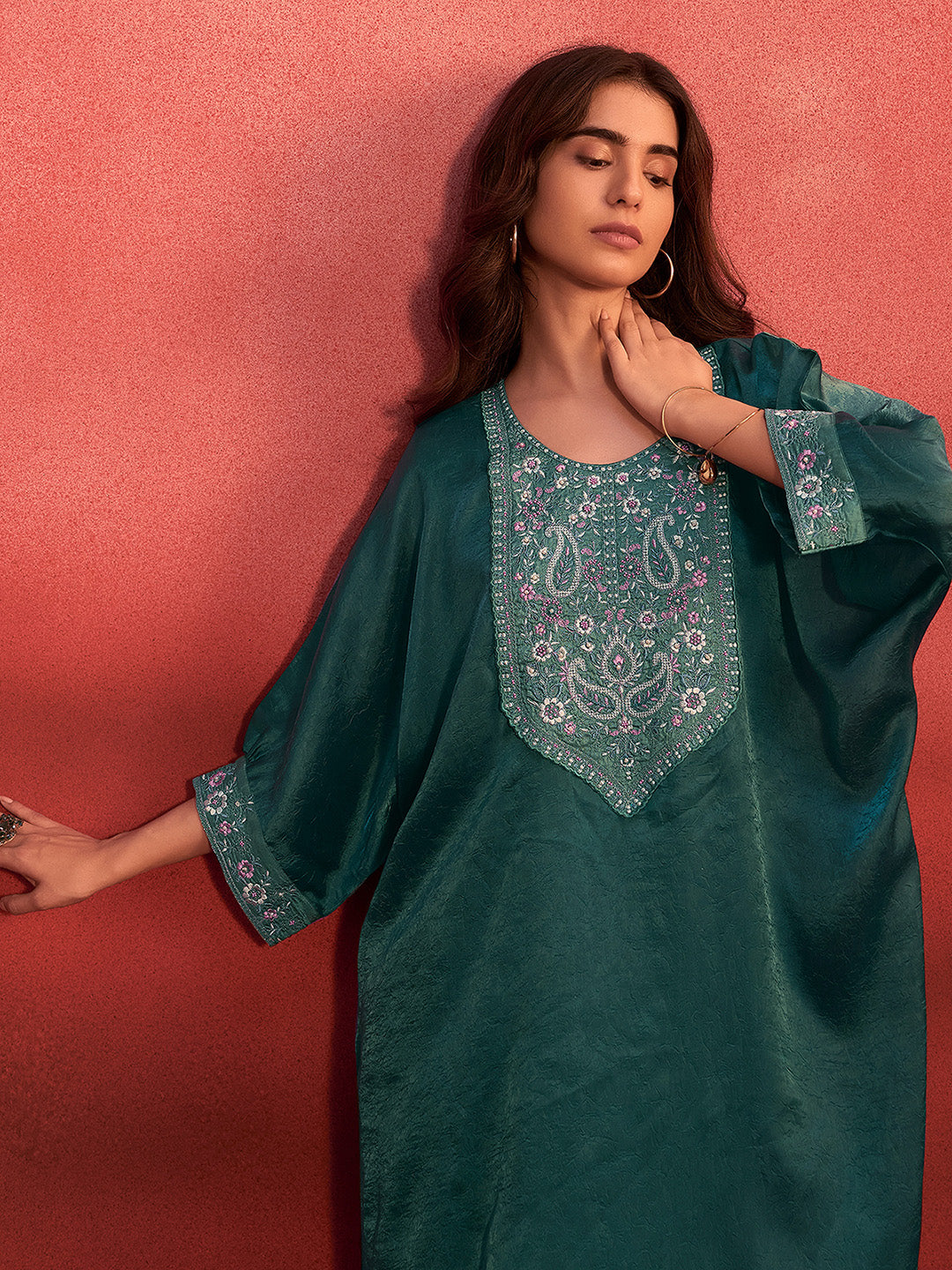 Teal Green Organza Embroidered Kaftan Kurta Set