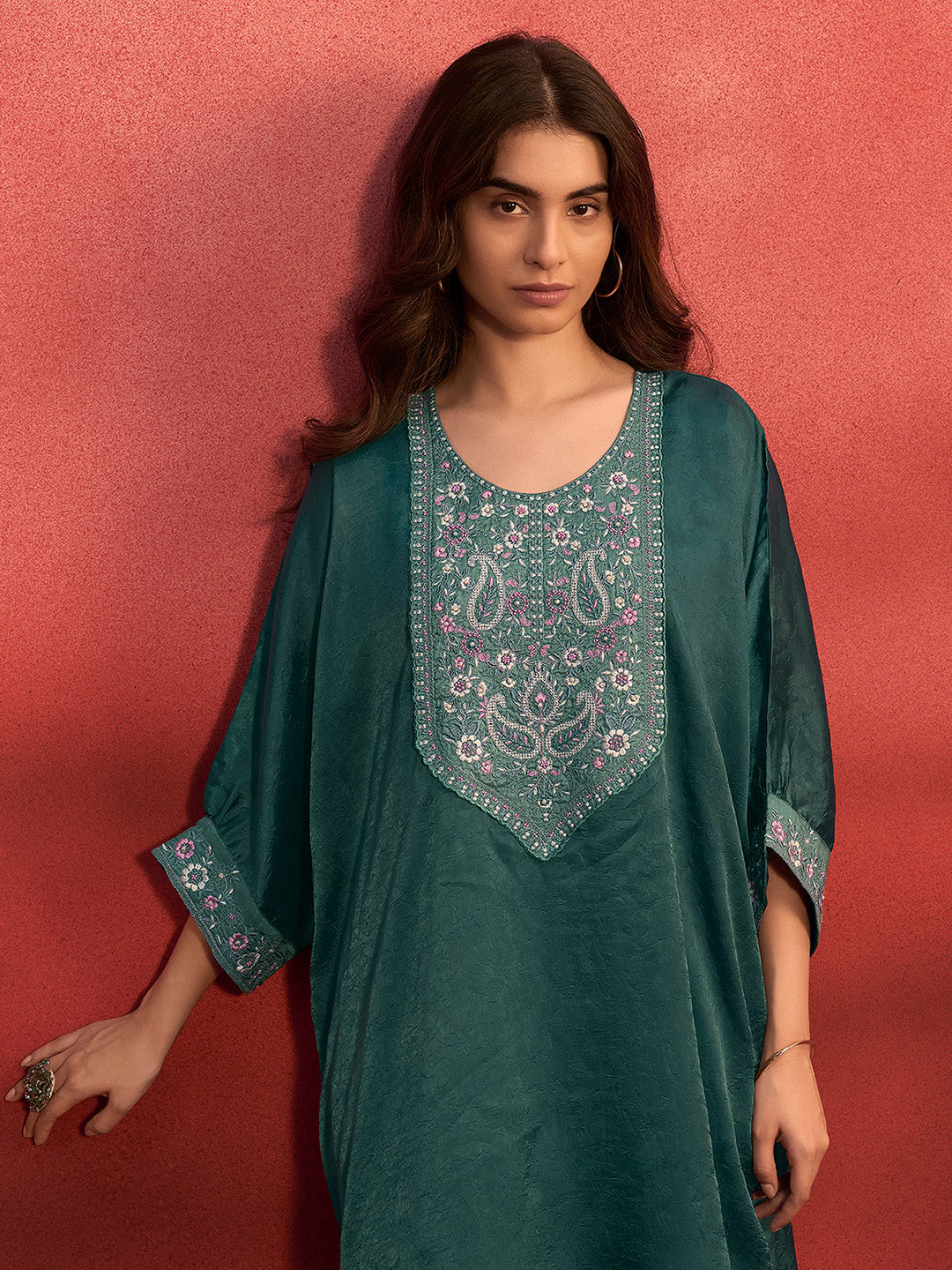 Teal Green Organza Embroidered Kaftan Kurta Set