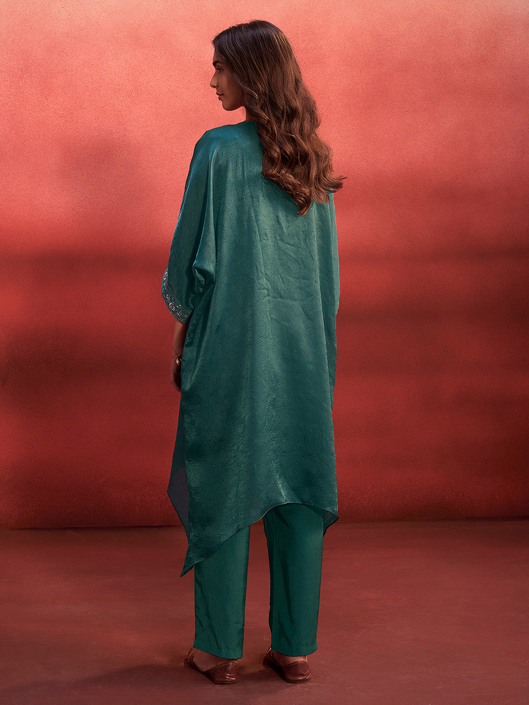 Teal Green Organza Embroidered Kaftan Kurta Set