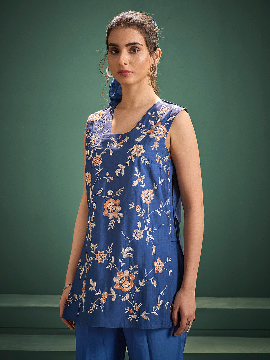 Blue Chanderi Silk Embroidered Straight Kurta Set