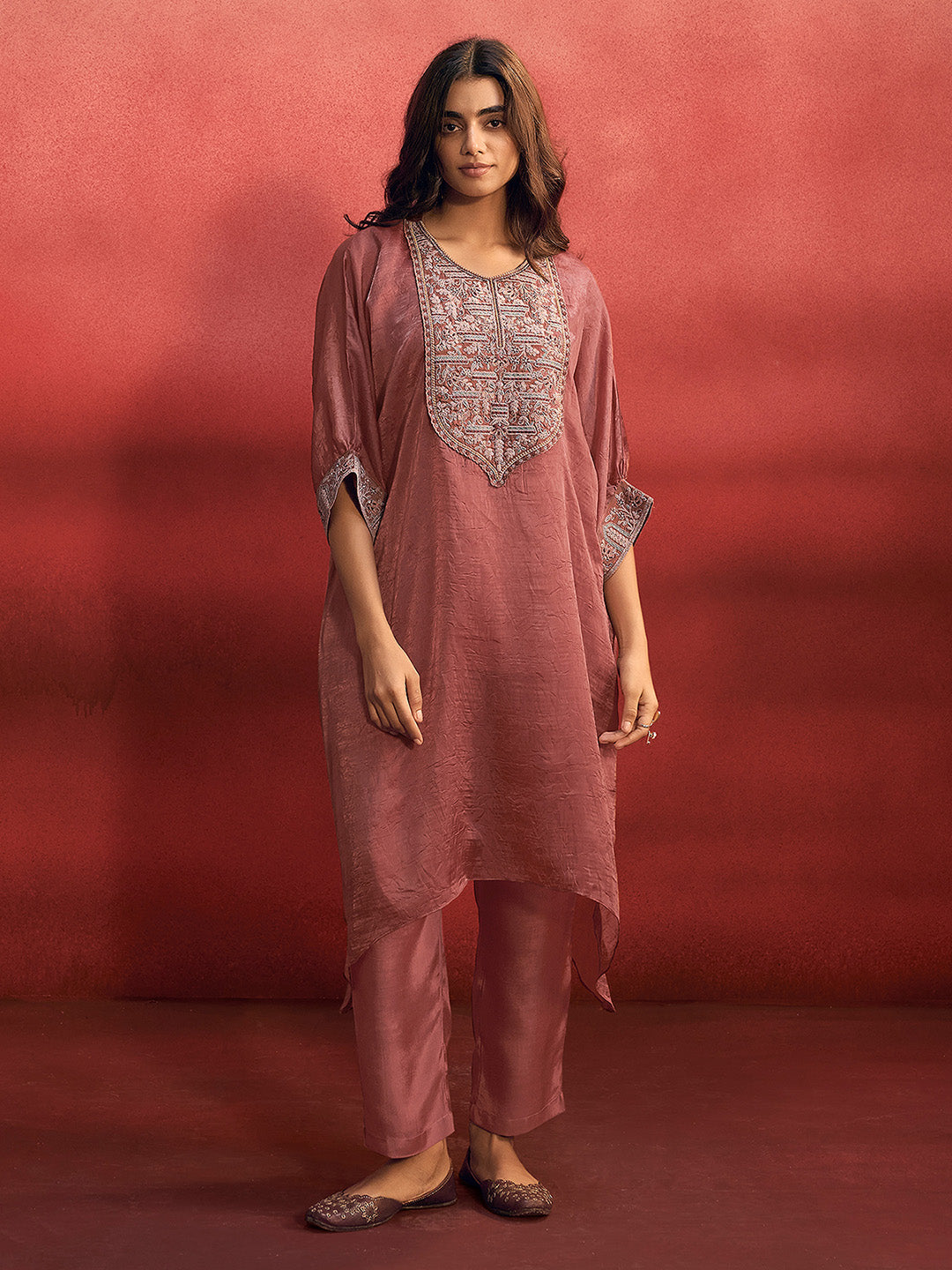 Mauve Organza Embroidered Kaftan Kurta Set