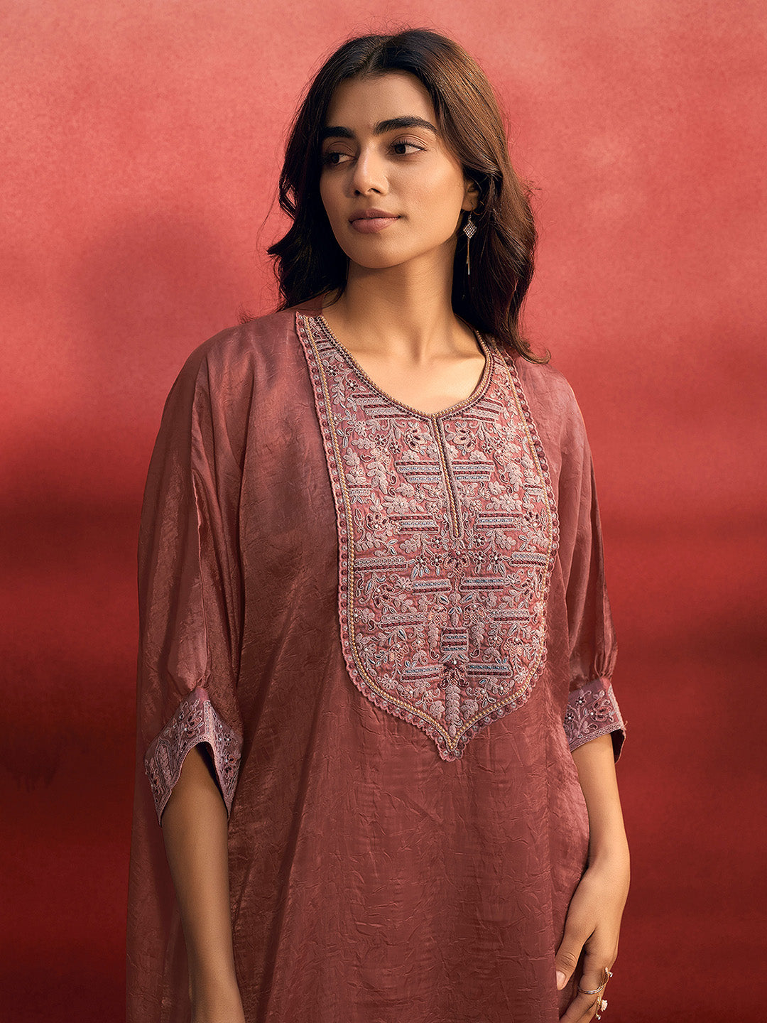 Mauve Organza Embroidered Kaftan Kurta Set