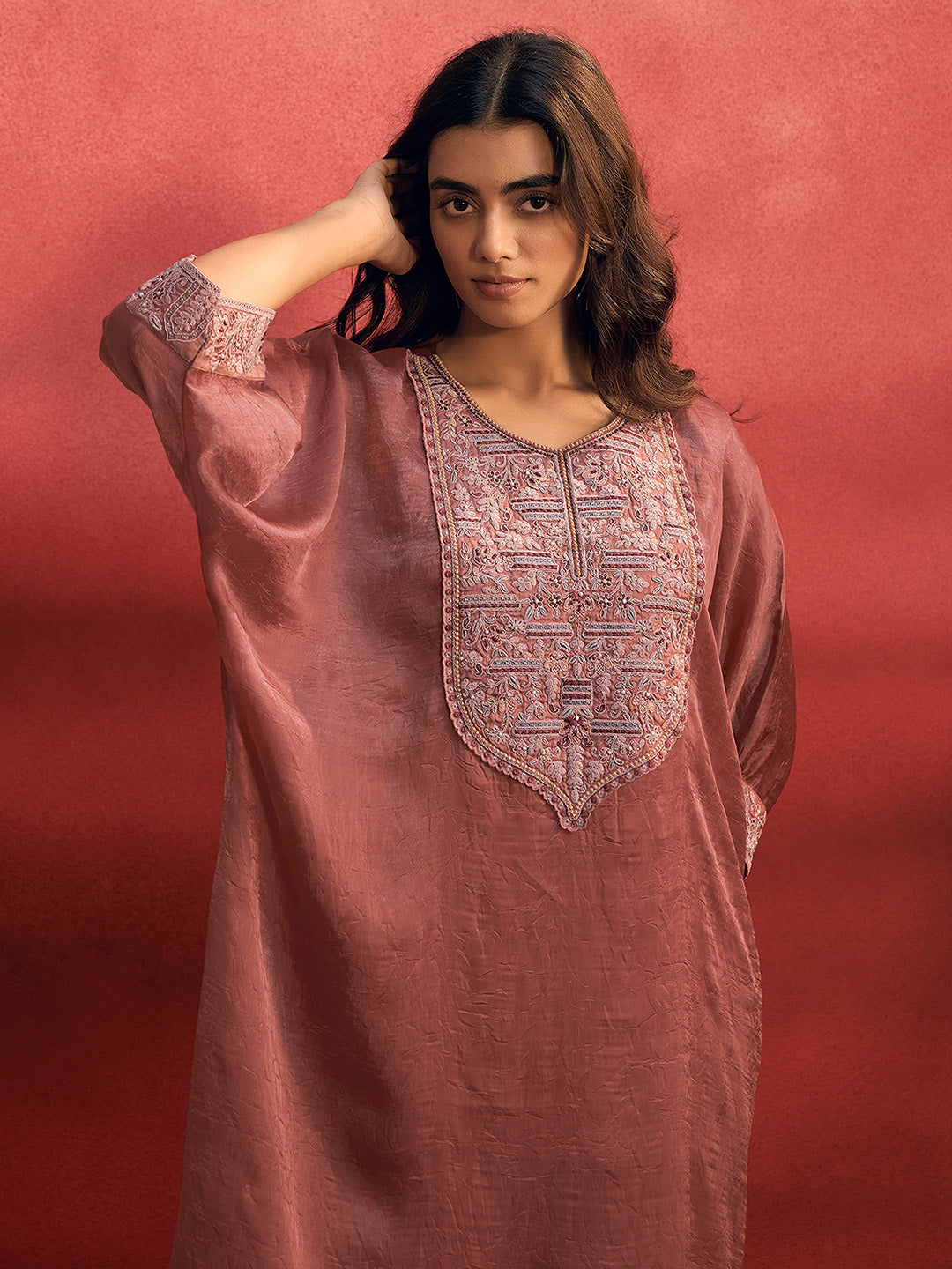 Mauve Organza Embroidered Kaftan Kurta Set