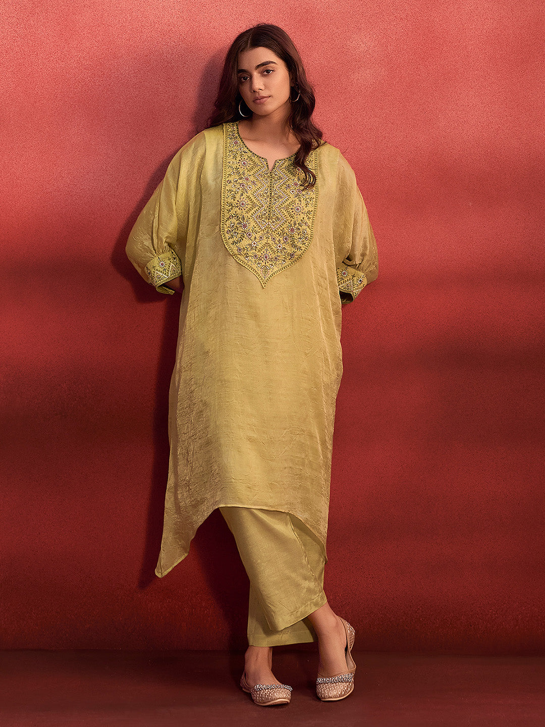 Yellow Organza Embroidered Kaftan Kurta Set