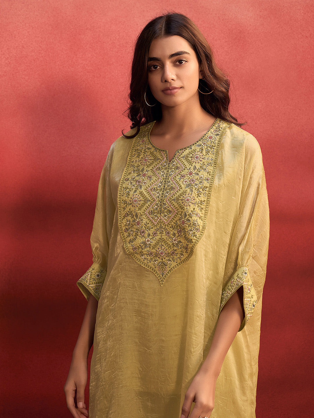 Yellow Organza Embroidered Kaftan Kurta Set