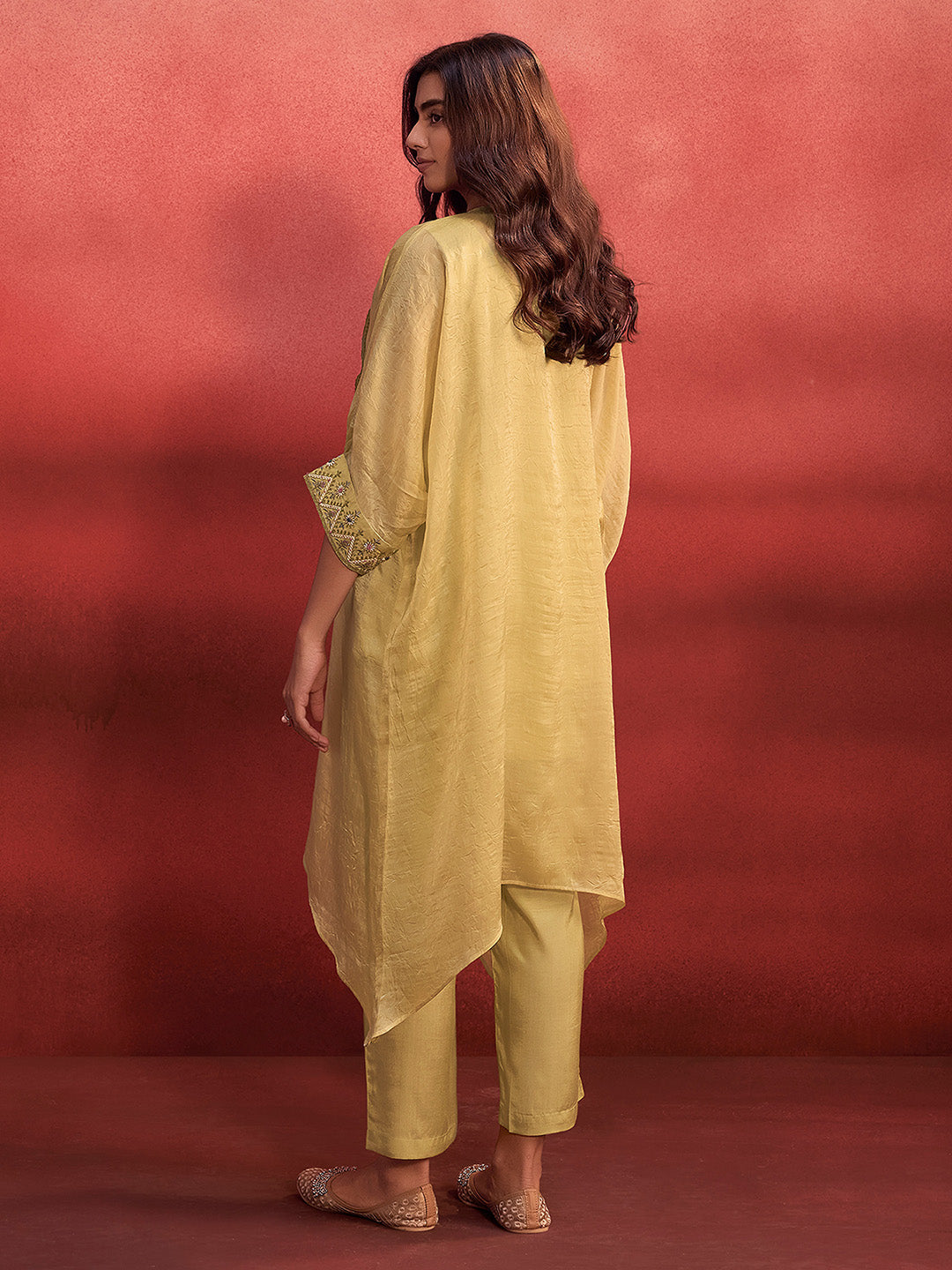 Yellow Organza Embroidered Kaftan Kurta Set