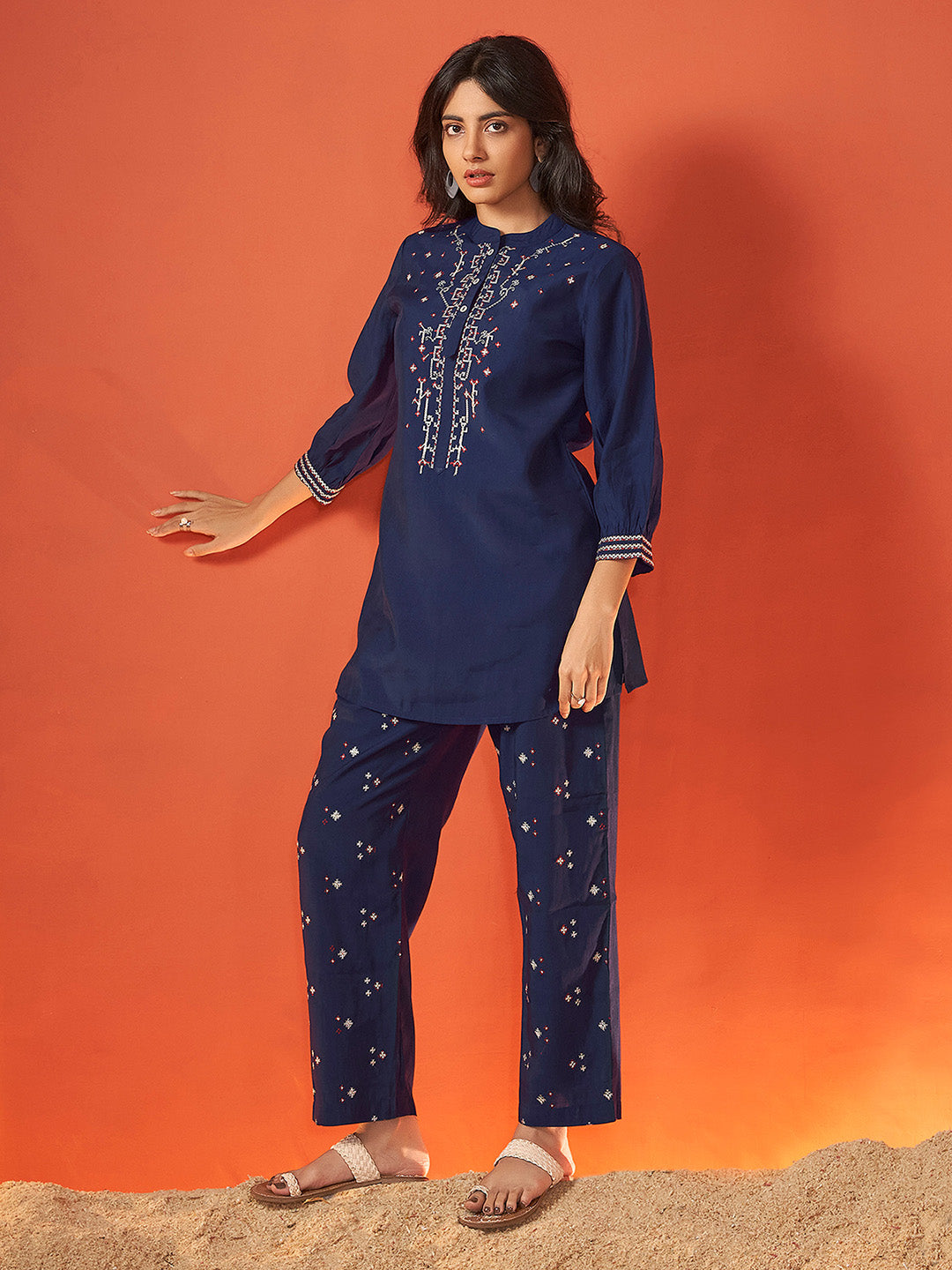 Navy Blue Viscose Embroidered Co-Ords Set