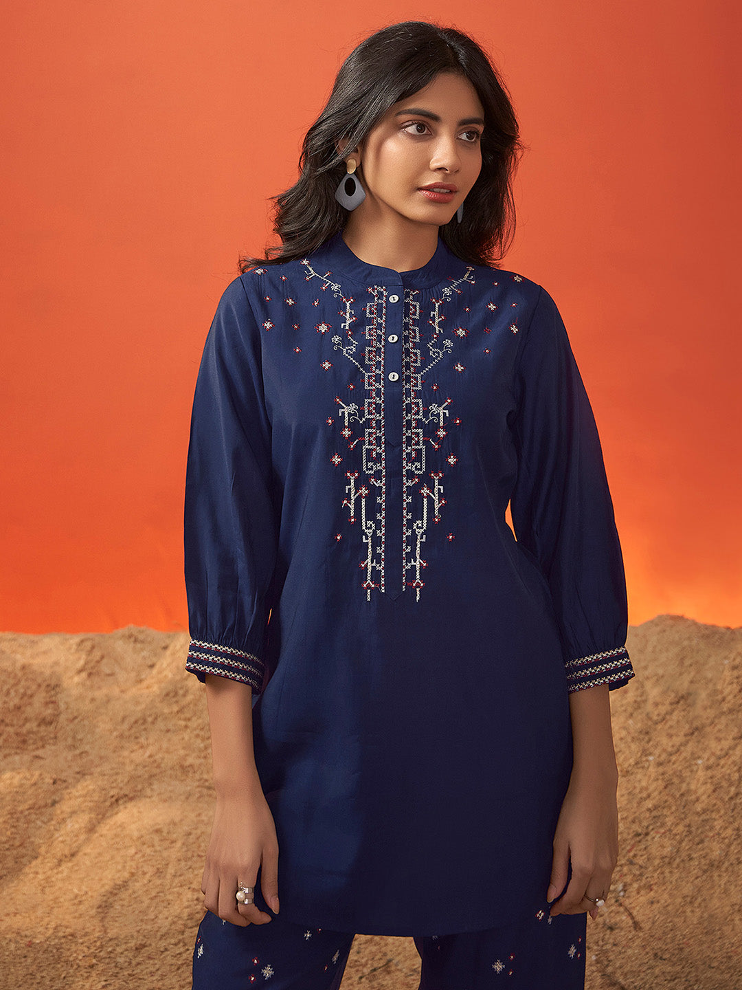 Navy Blue Viscose Embroidered Co-Ords Set