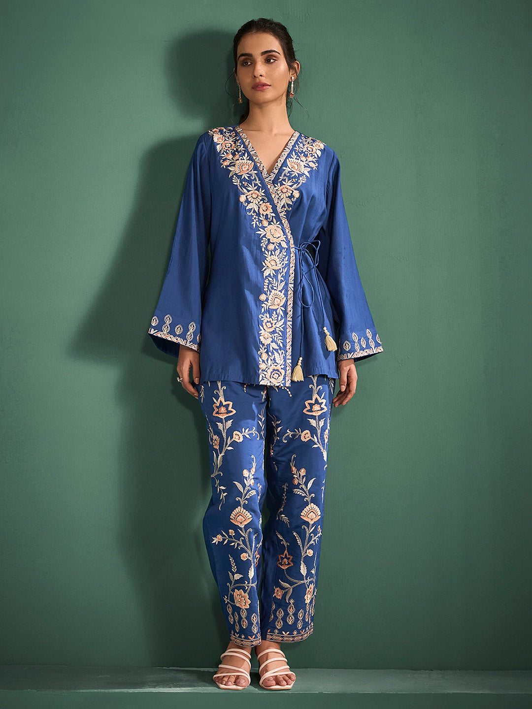 Blue Silk Blend Embroidered Wrap Style Co-Ord Set