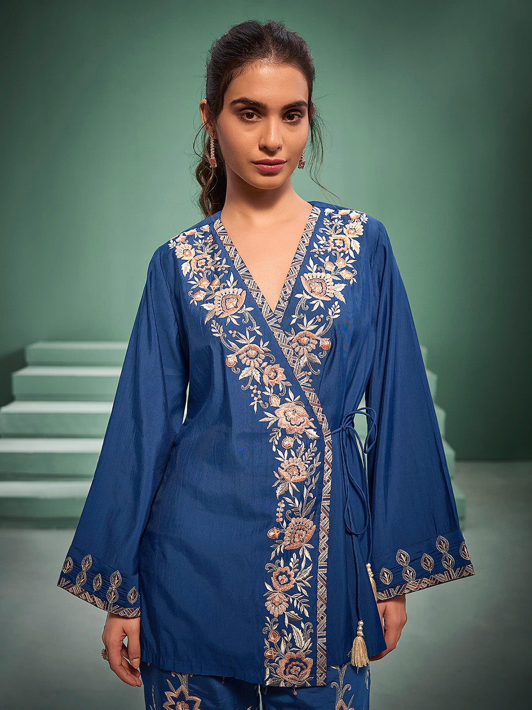 Blue Silk Blend Embroidered Wrap Style Co-Ord Set