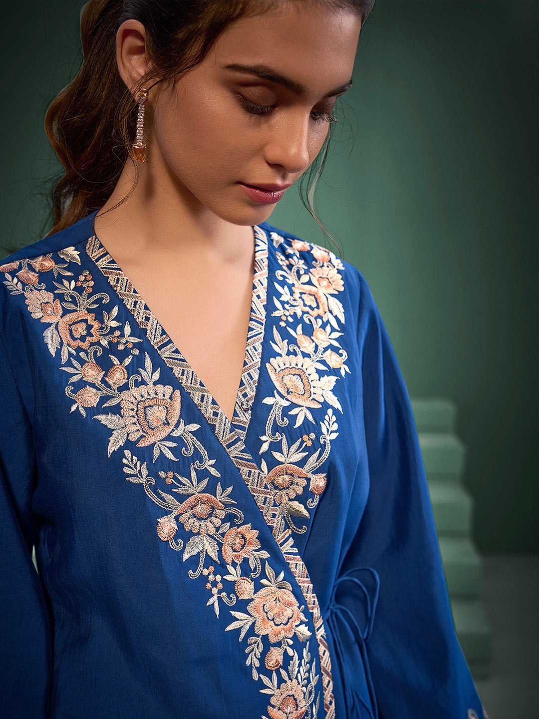 Blue Silk Blend Embroidered Wrap Style Co-Ord Set