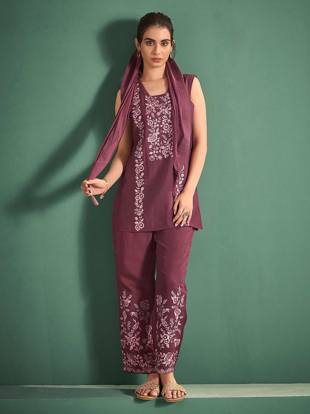 Burgundy Chanderi Silk Embroidered Straight Kurta Set