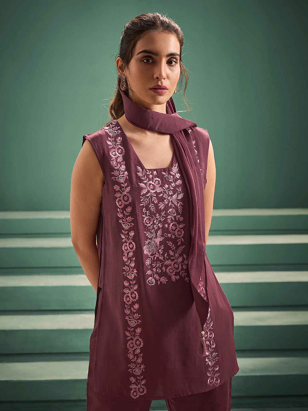 Burgundy Chanderi Silk Embroidered Straight Kurta Set