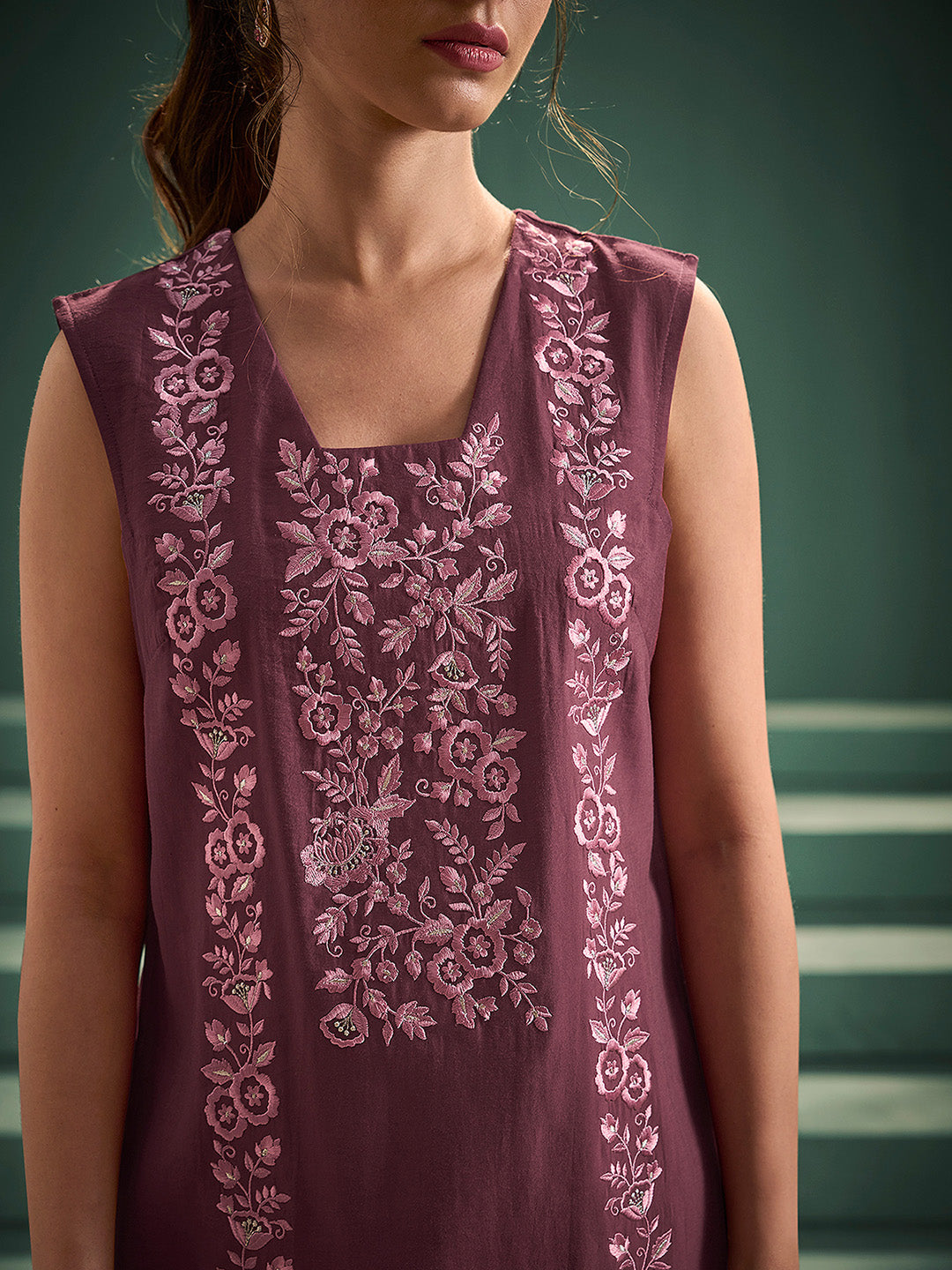 Burgundy Chanderi Silk Embroidered Straight Kurta Set