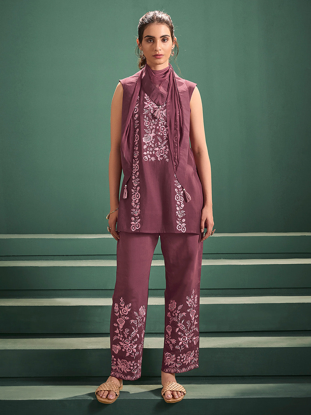 Burgundy Chanderi Silk Embroidered Straight Kurta Set