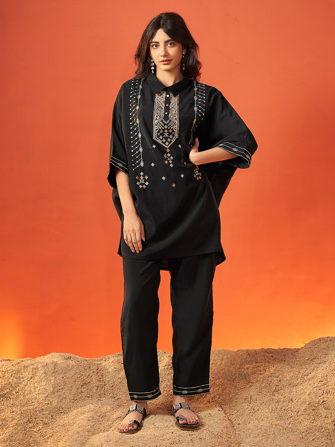 Black Viscose Embroidered Kaftan Kurta Set