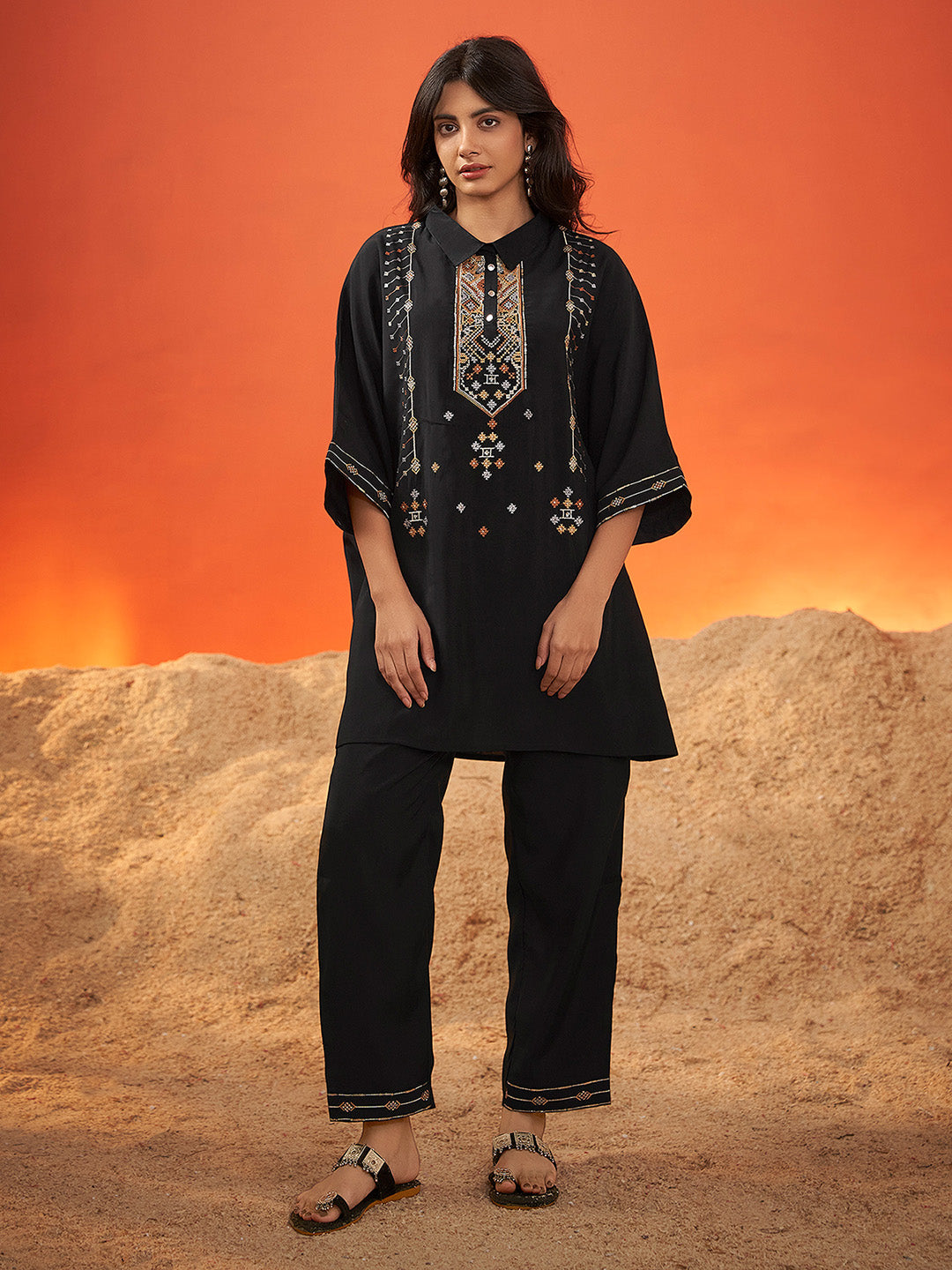 Black Viscose Embroidered Kaftan Kurta Set