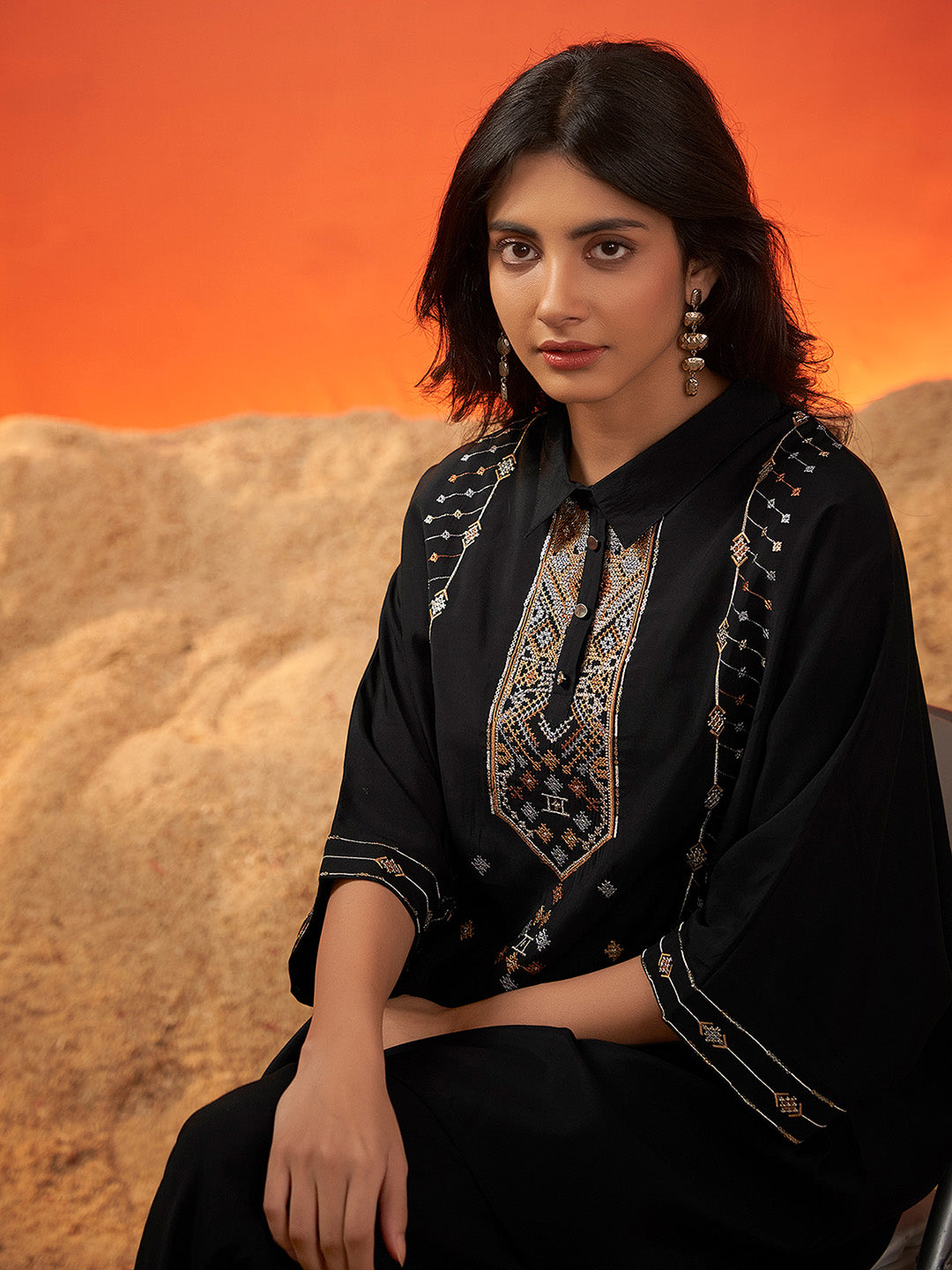 Black Viscose Embroidered Kaftan Kurta Set