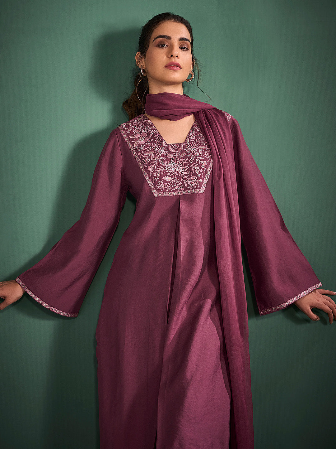 Burgundy Silk Blend Embroidered A-Line Kurta Set