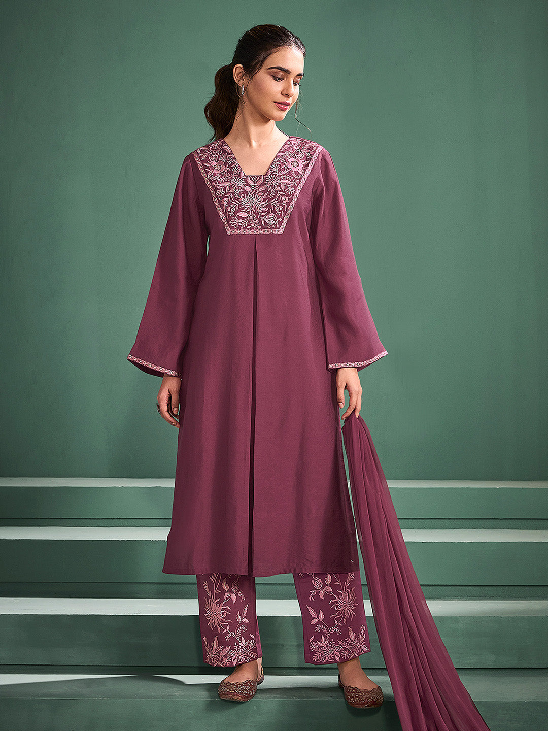 Burgundy Silk Blend Embroidered A-Line Kurta Set