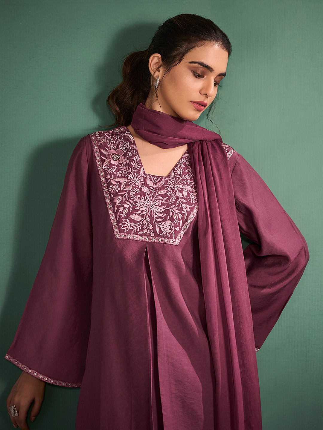 Burgundy Silk Blend Embroidered A-Line Kurta Set