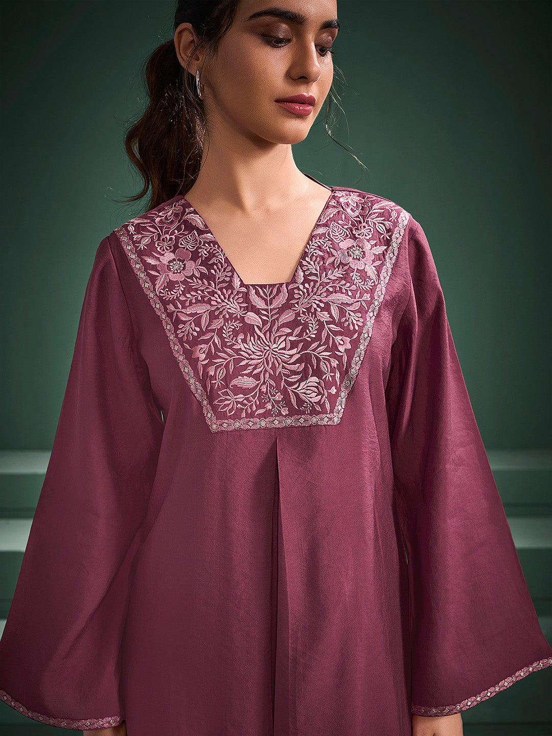 Burgundy Silk Blend Embroidered A-Line Kurta Set