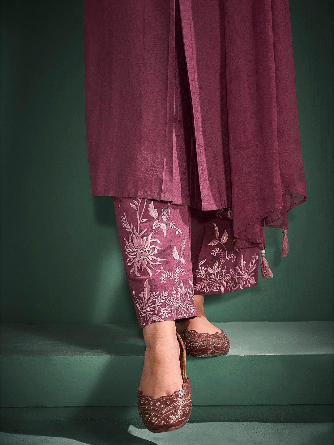 Burgundy Silk Blend Embroidered A-Line Kurta Set