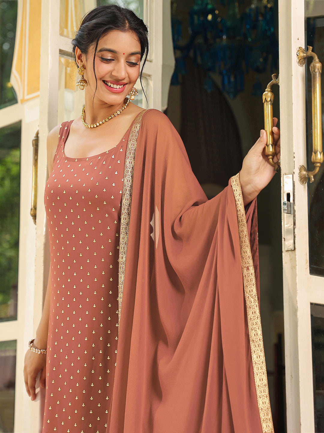 Rust Rayon Foil Printed Straight Kurta Set