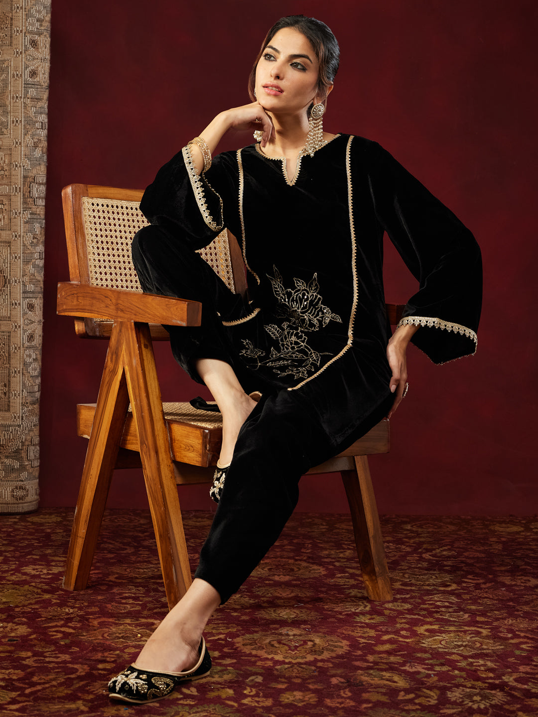 Janasya Women's Black Velvet Embroidered Straight Co-ord Set