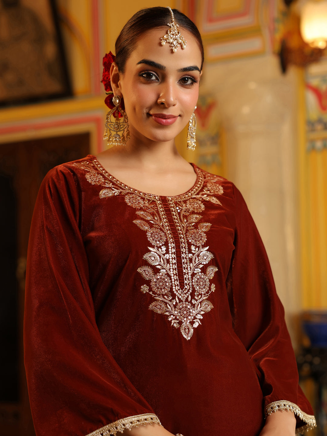 Janasya Women's Brown Velvet Yoke Zari Embroidered Straight Co-ord Set