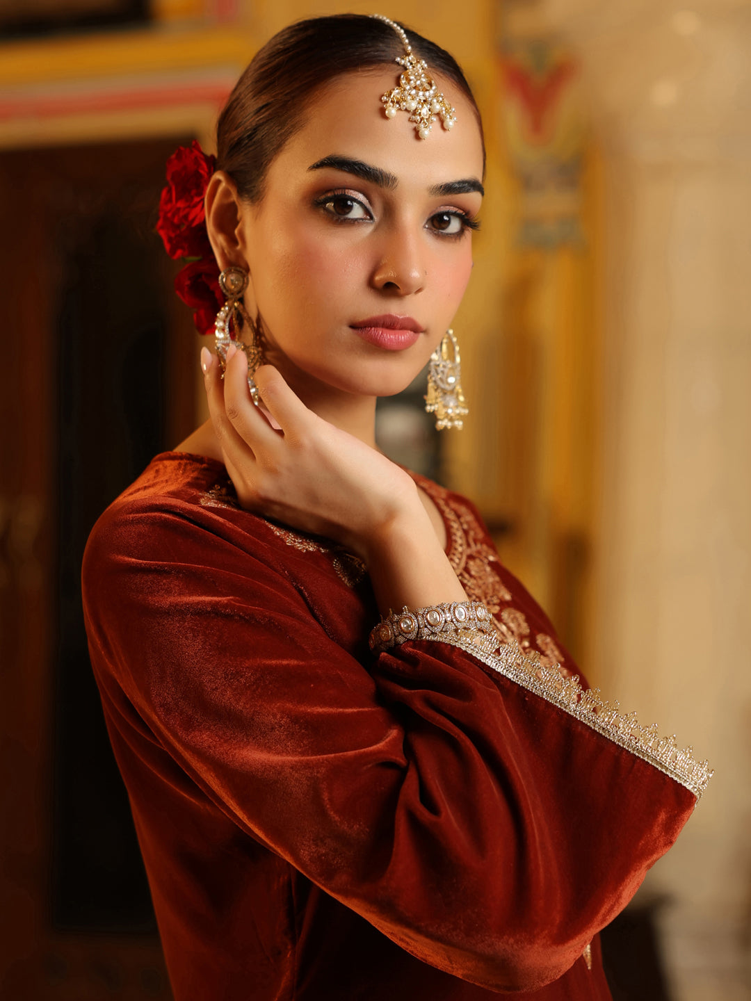 Janasya Women's Brown Velvet Yoke Zari Embroidered Straight Co-ord Set