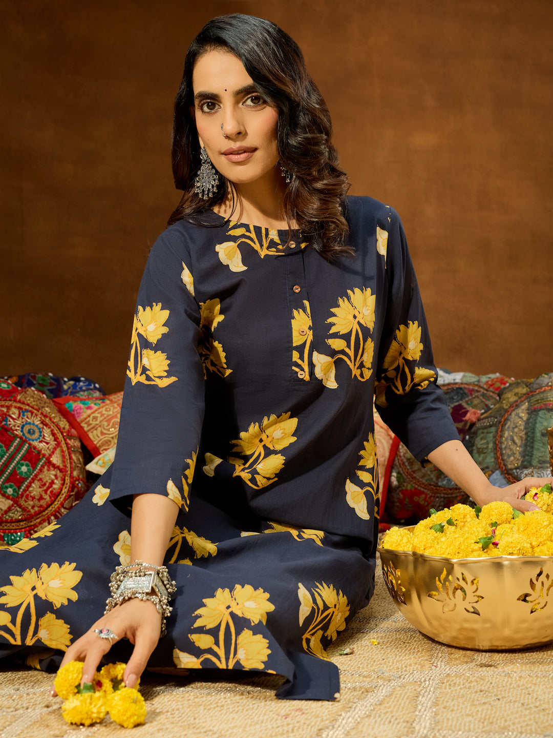 Janasya Women's Navy Blue Pure Cotton Floral Printed Straight Co-ord Set