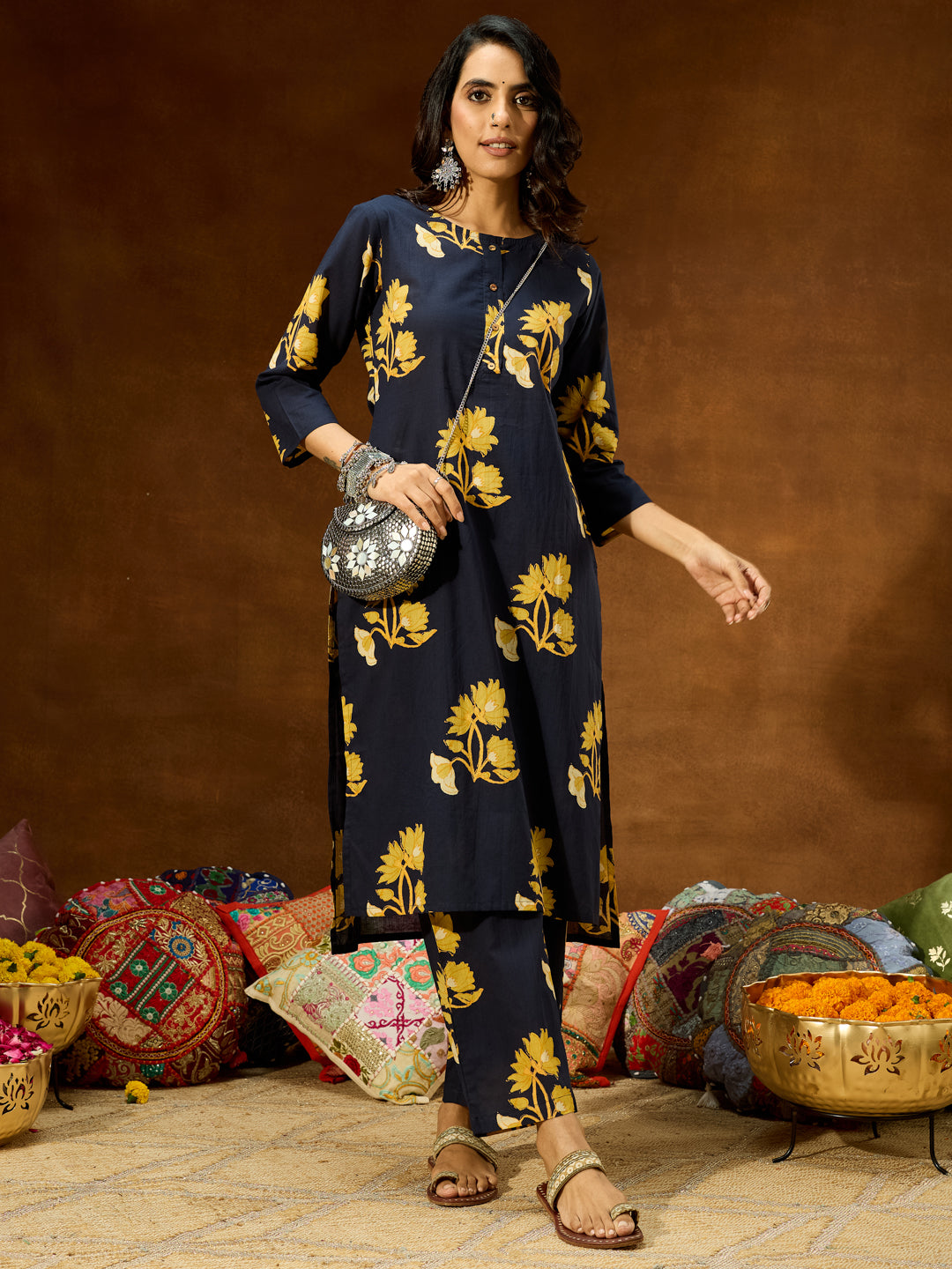 Janasya Women's Navy Blue Pure Cotton Floral Printed Straight Co-ord Set