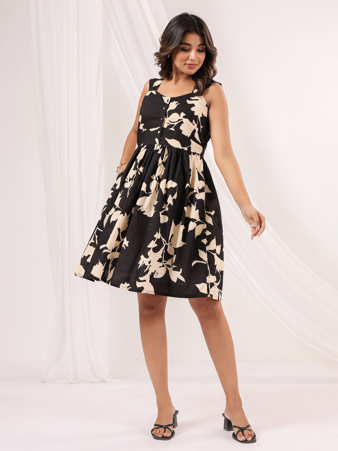 Janasya Women's Black & Cream Pure Cotton Floral Printed Fit & Flare Dress