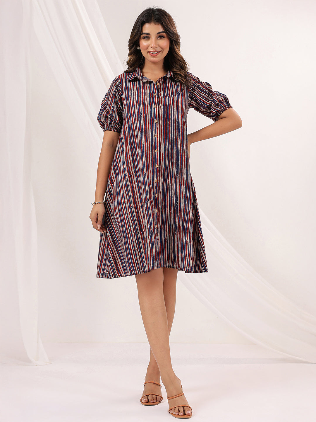 Janasya Women's Multicolor Pure Cotton Striped A-line Dress