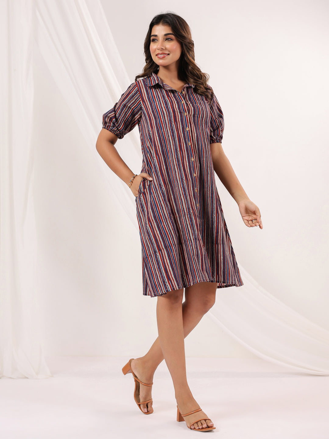 Janasya Women's Multicolor Pure Cotton Striped A-line Dress