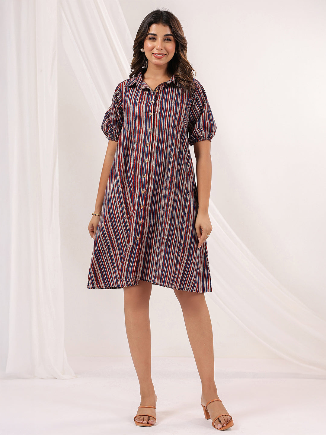 Janasya Women's Multicolor Pure Cotton Striped A-line Dress