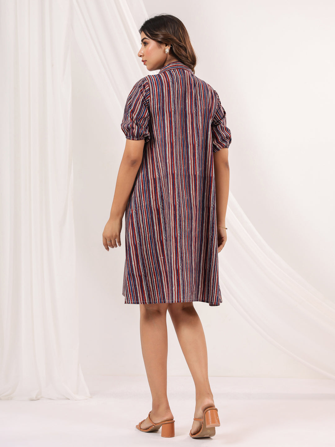Janasya Women's Multicolor Pure Cotton Striped A-line Dress
