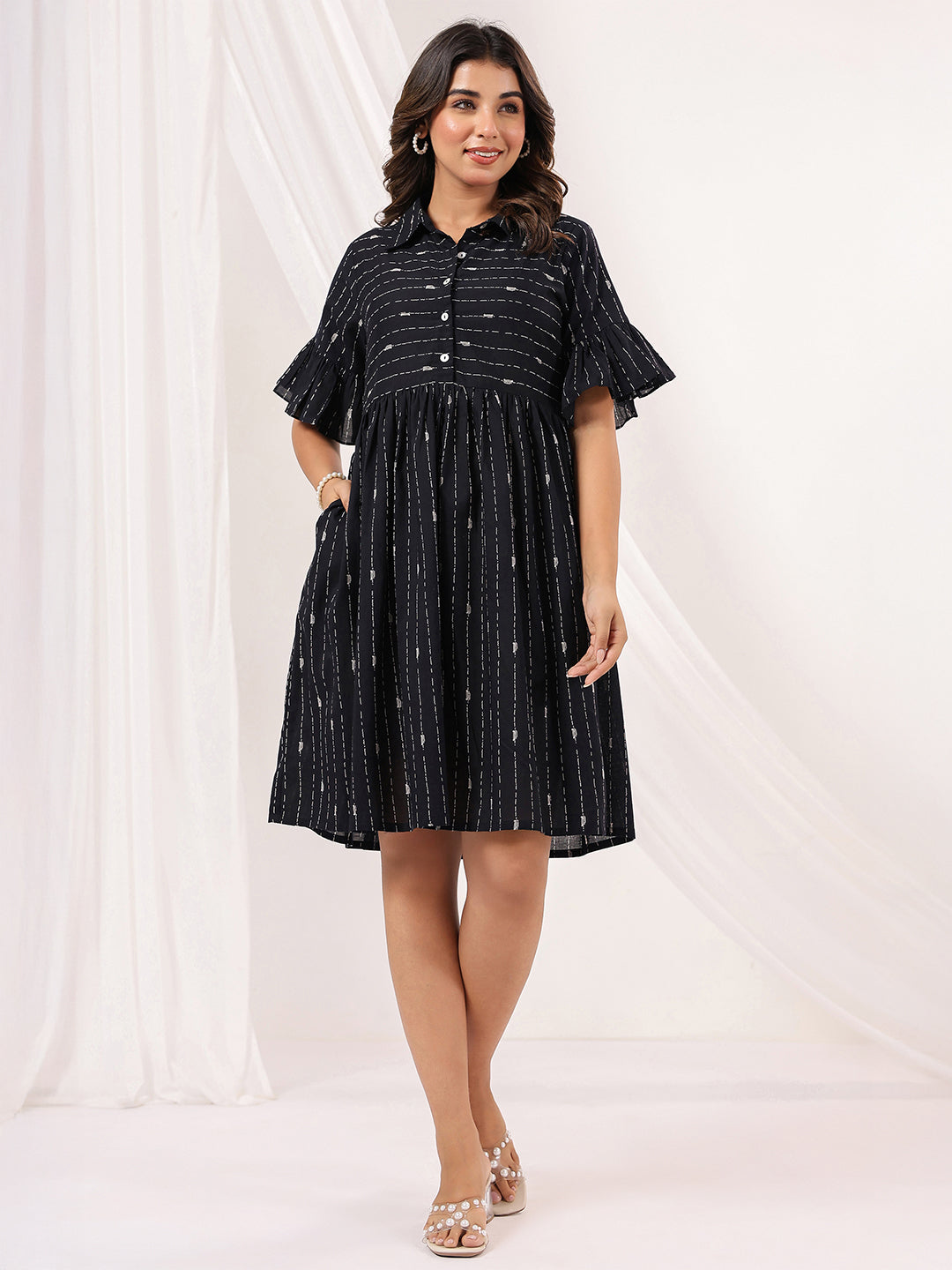 Janasya Women's Black Cotton Abstract Printed A line Dress