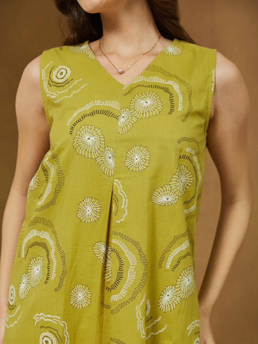 Janasya Women's Olive Green Pure Cotton Abstract Printed A-line Dress