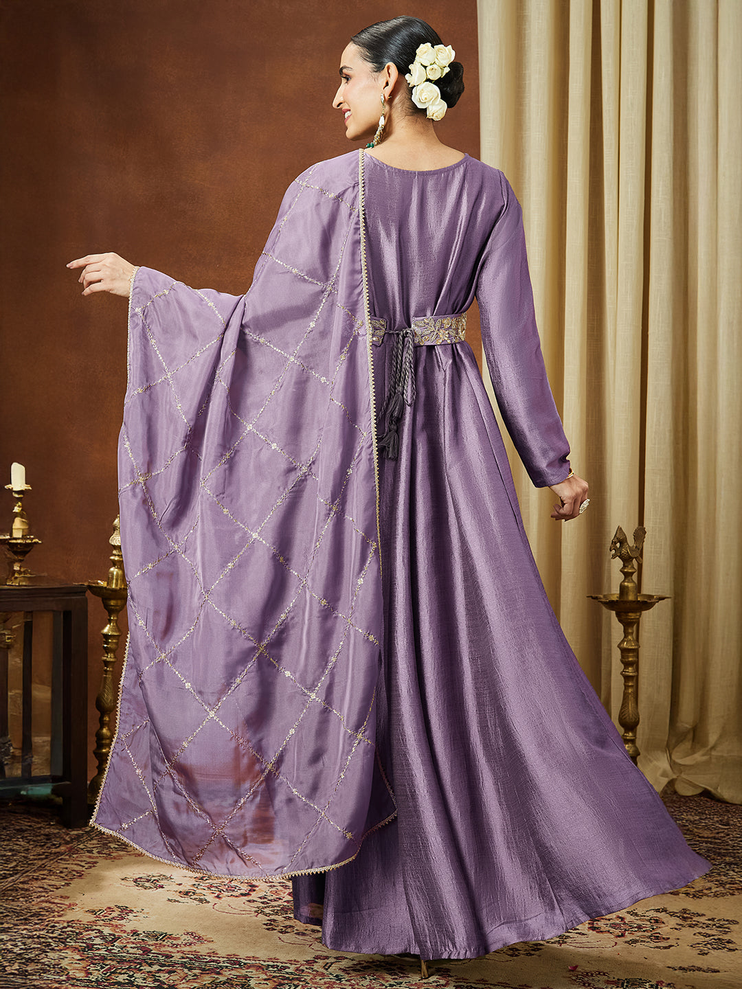 Janasya Women's Lavender Silk Blend Flared Gown With Embellished Belt