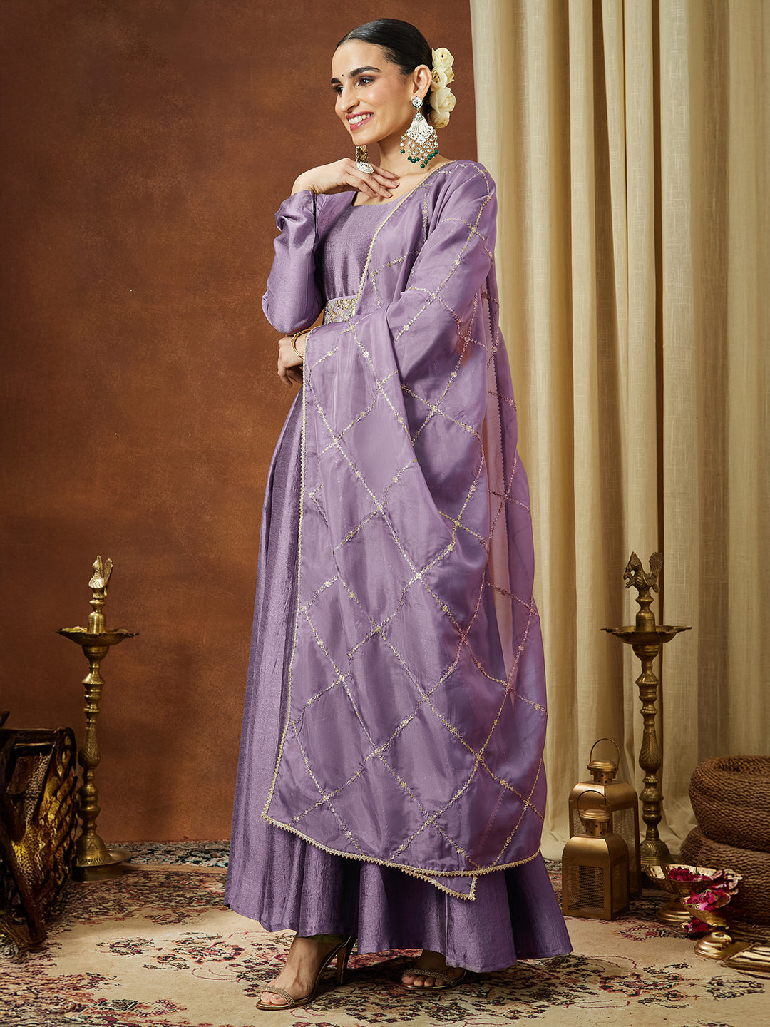 Janasya Women's Lavender Silk Blend Flared Gown With Embellished Belt