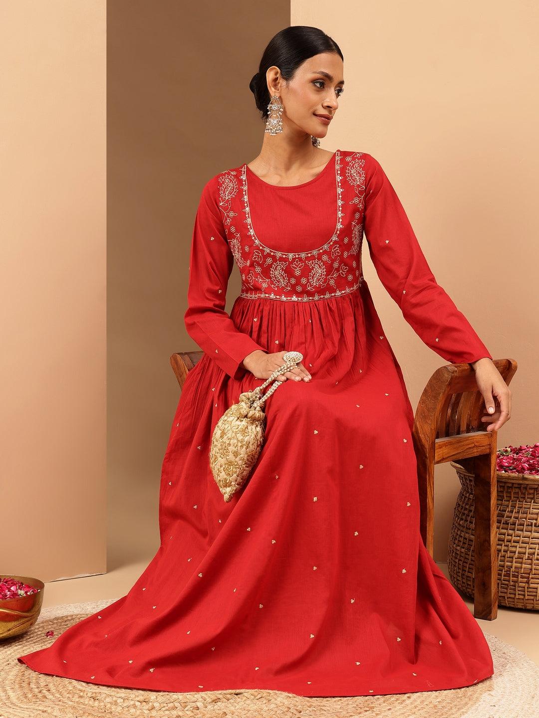 Janasya Women's Maroon Soft Pure Cotton Zari Embroidered Anarkali Flared Gown