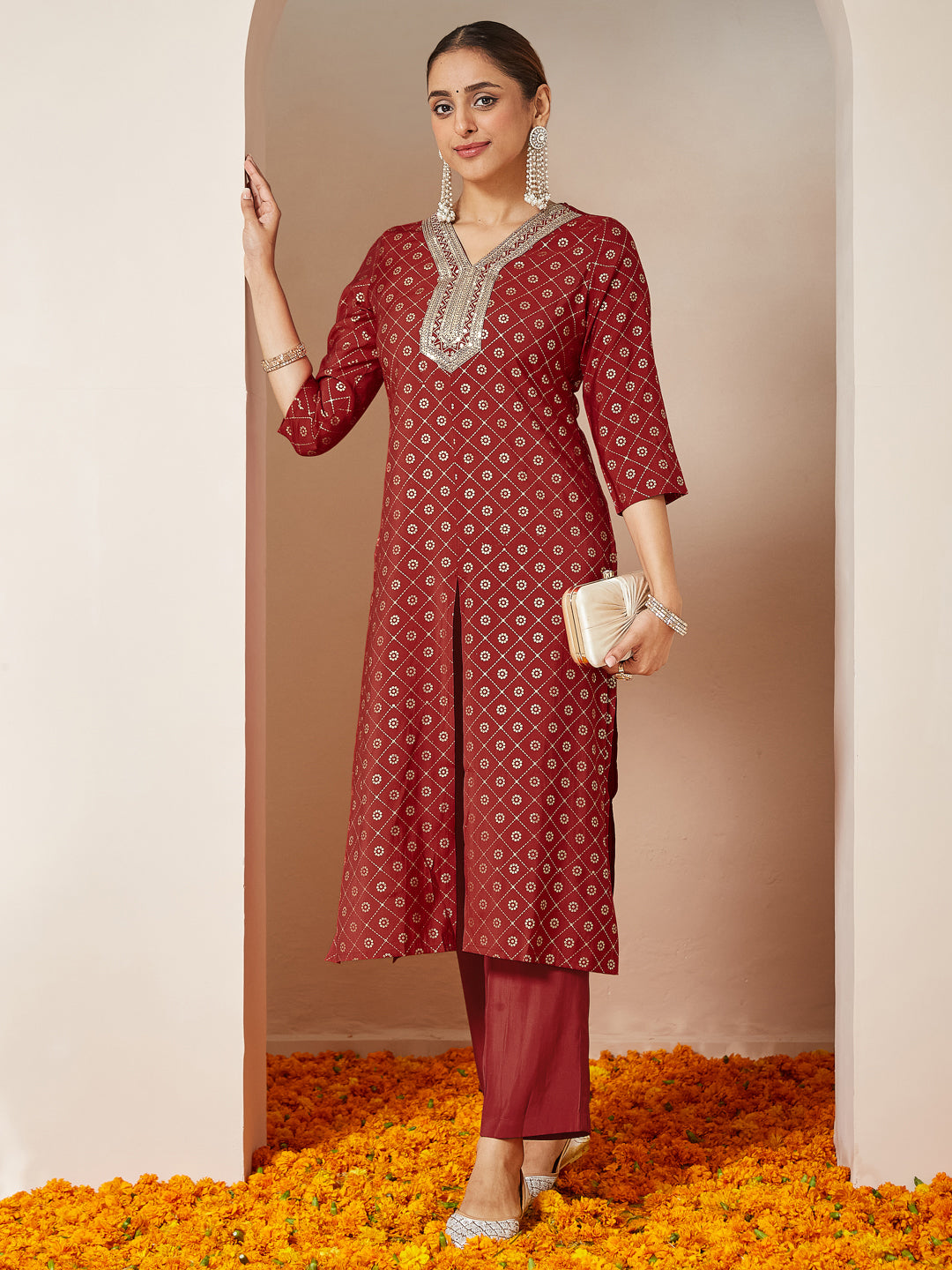 Janasya Women's Maroon Chanderi Silk Embellished Gold Printed Front Slit Kurta Pant Set
