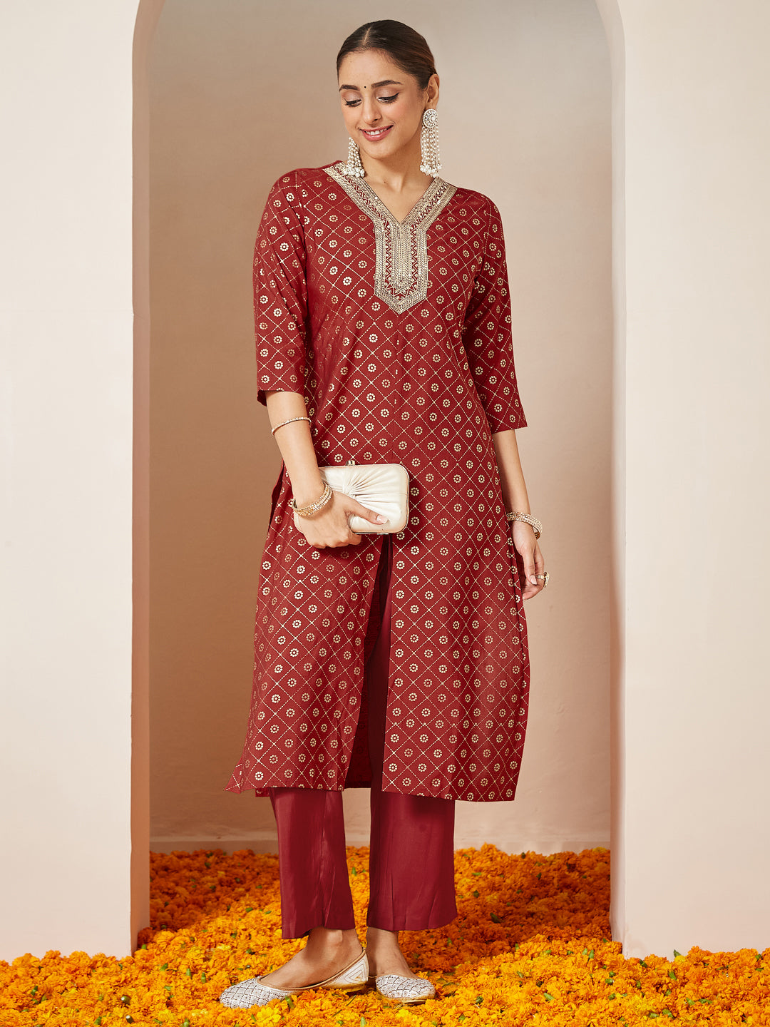 Janasya Women's Maroon Chanderi Silk Embellished Gold Printed Front Slit Kurta Pant Set
